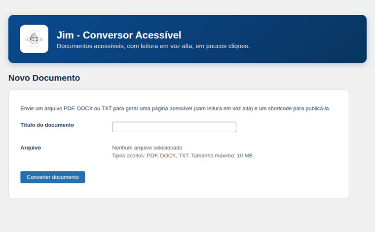 Envio no painel: arquivo selecionado, conversão em andamento e documento pronto com o link e o shortcode.